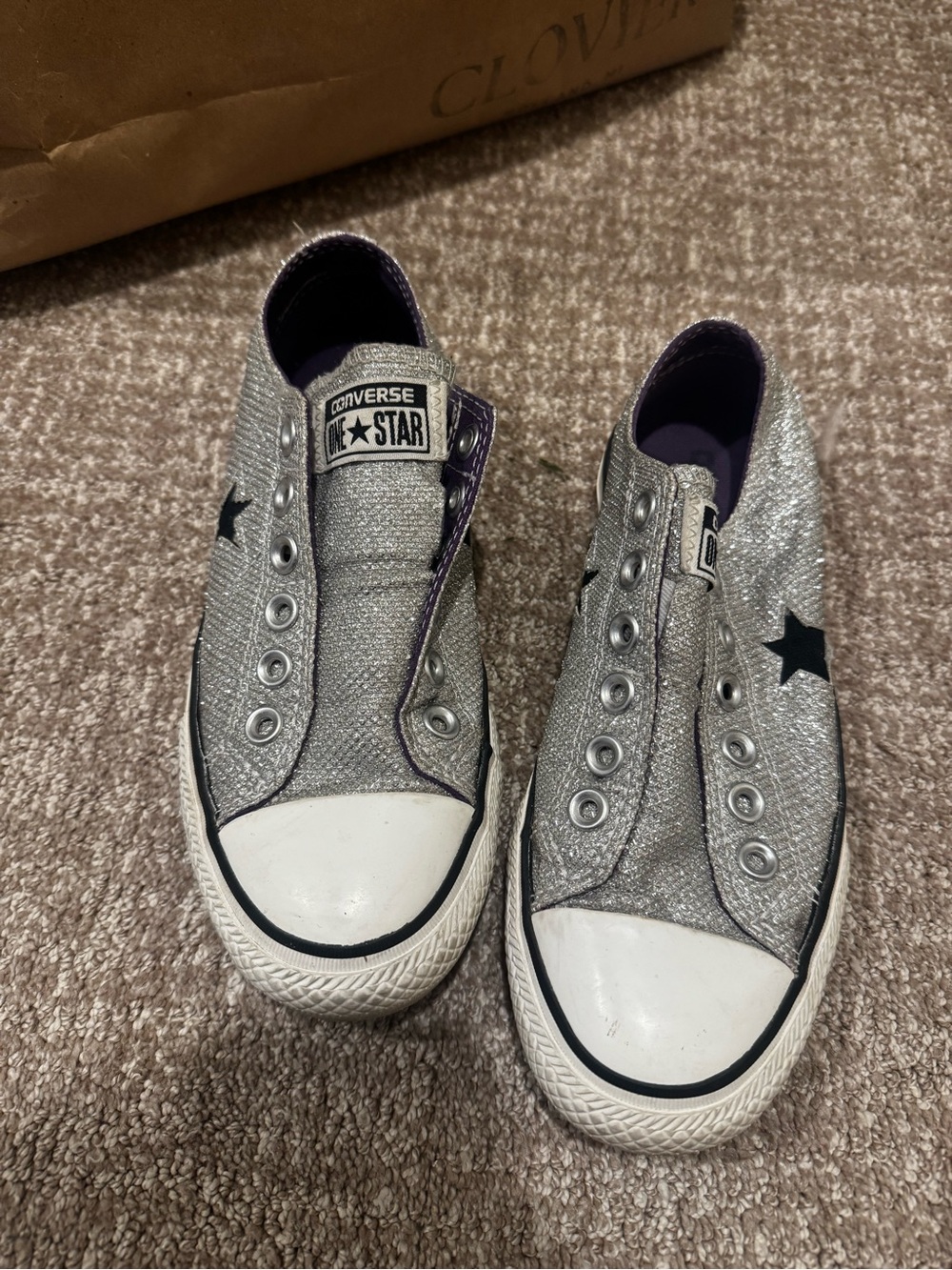 Converse Kids Silver Glitter Slip-On Star Sneakers with Black Star Accent